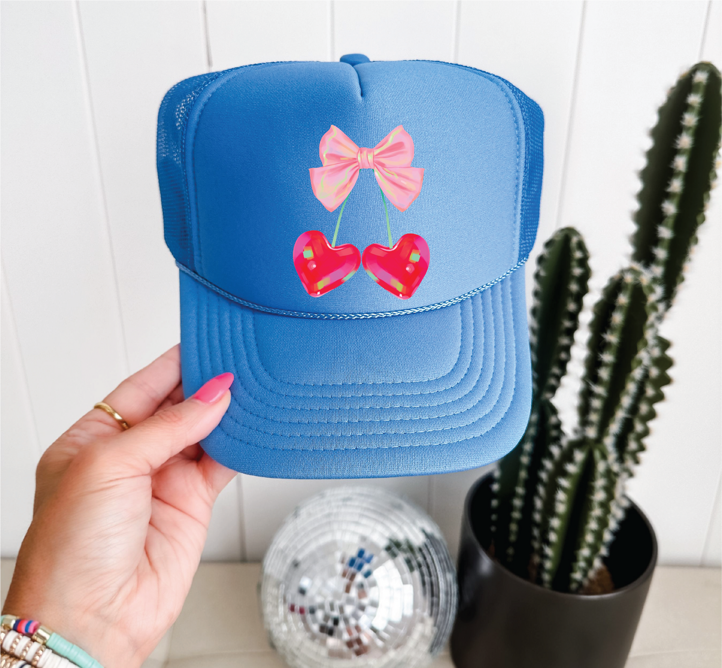Heart Cherries Columbia Blue Trucker Hat