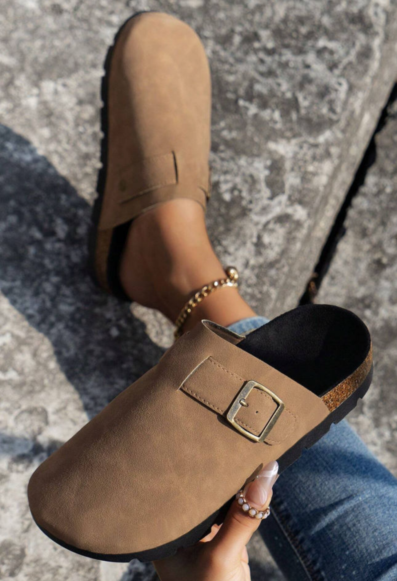 Beige buckle slip on shoes