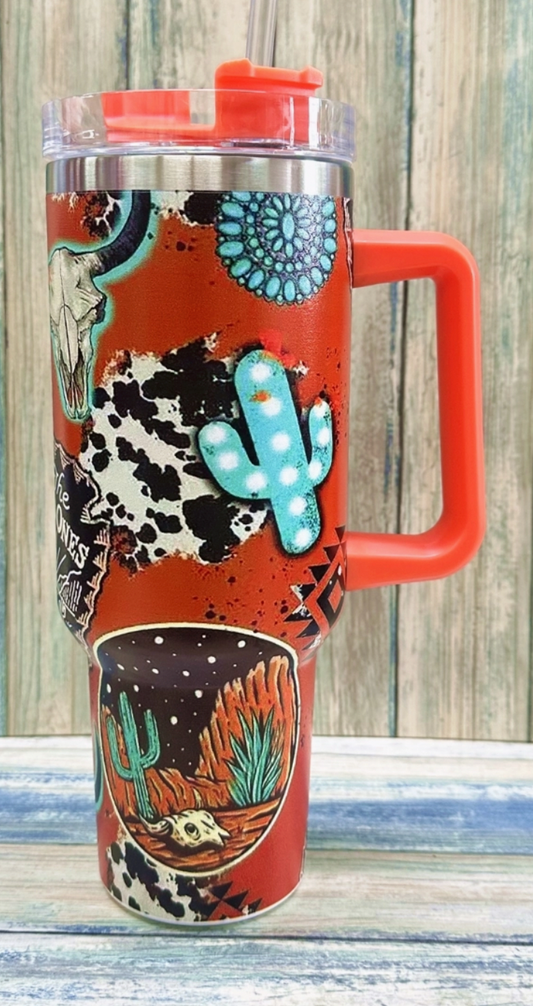Discover our Orange Western Styled Tumbler, crafted with care. Bring a touch of rustic charm